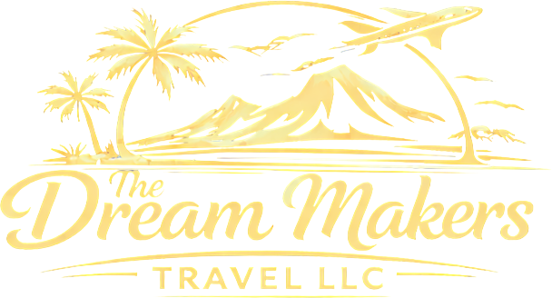Logo with palm trees, mountains, and beach theme for a travel company.