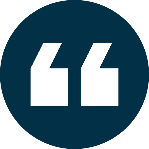 A white quotation mark icon on a dark blue background.